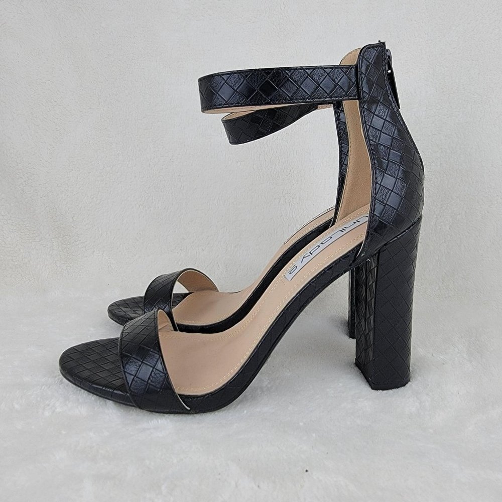 Unilady Black Woven Pattern Ankle Strappy Block High Heel Sandal Size 10 - Picture 3 of 9